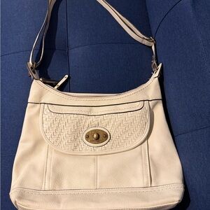 Cream Leather Shoulder Bag with Woven Flap and Turn-Lock